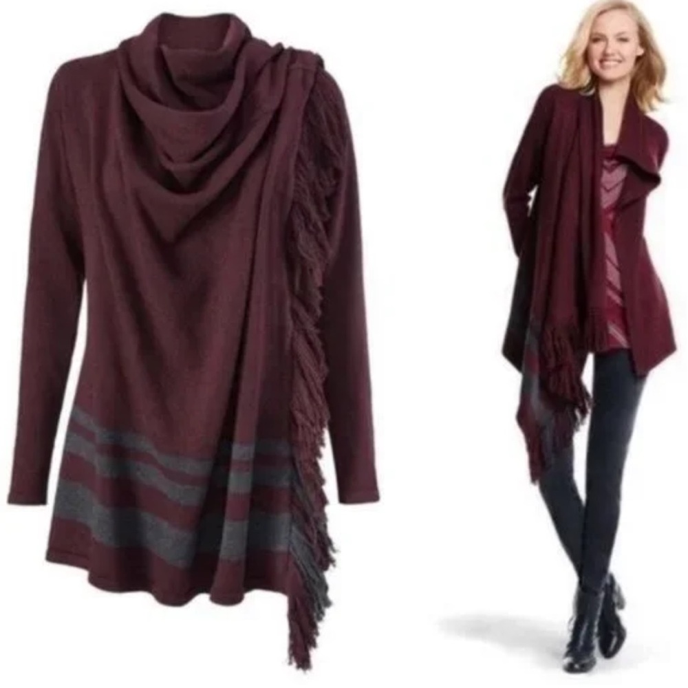 Cabi Burgundy Fringe Hem Open Front Cardigan – Size Small